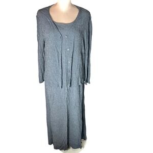 Eileen Fisher Blue Grid Rayon Linen Maxi Dress and Cardigan Set Womens Medium